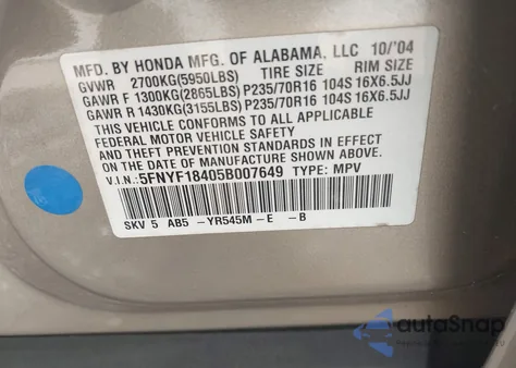 2005 Honda Pilot Ex из США, поврежденный, VIN 5FNYF18405B007649